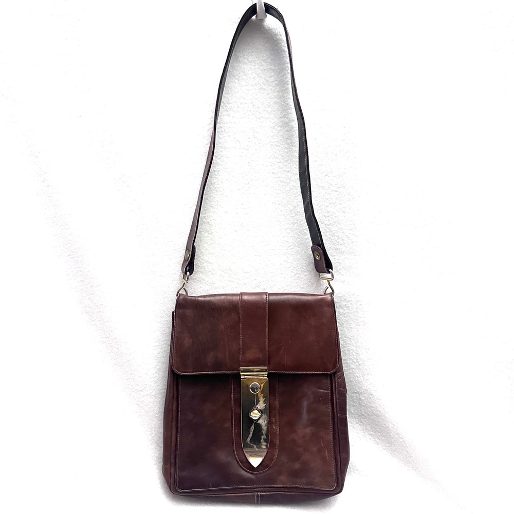 Vintage Brown Leather Crossbody Bag Gold Latch Accordion Messenger Mahogany